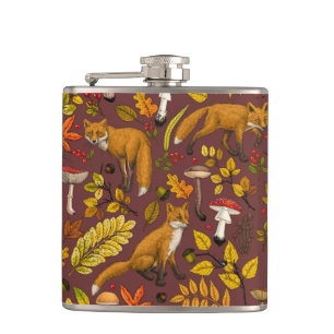 Autumn foxes on chocolate brown hip flask