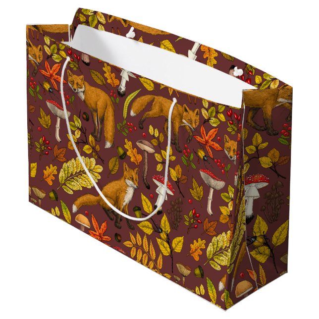 Autumn foxes on chocolate brown large gift bag (Back Angled)