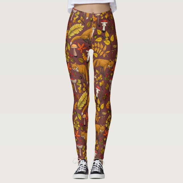 Autumn foxes on chocolate brown leggings (Front)