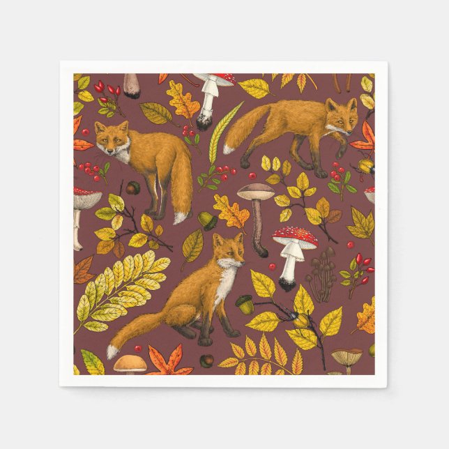 Autumn foxes on chocolate brown napkin (Front)
