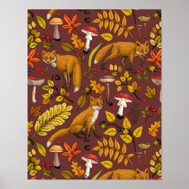 Autumn foxes on chocolate brown poster (Front)