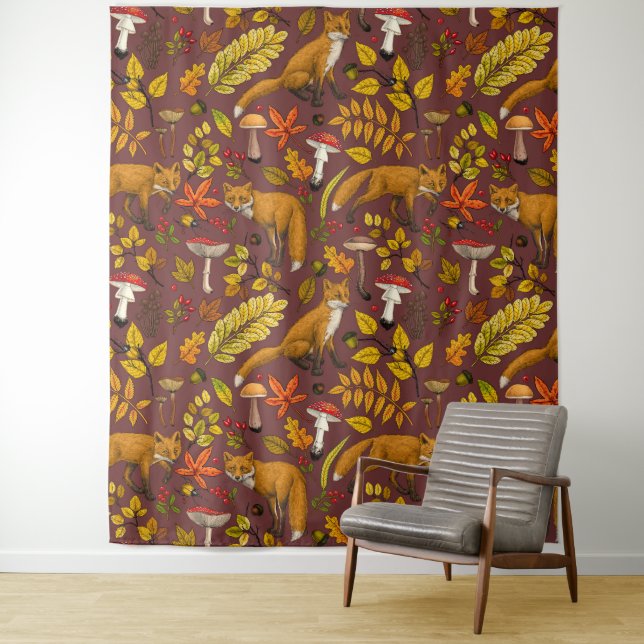 Autumn foxes on chocolate brown tapestry (In Situ)