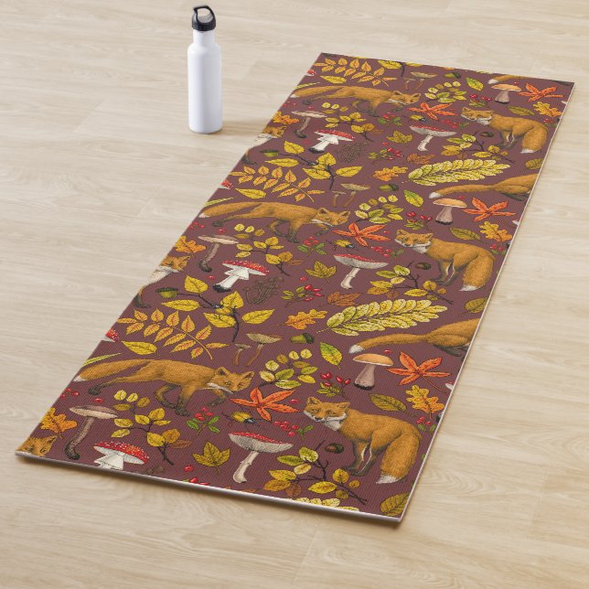 Autumn foxes on chocolate brown yoga mat (In Situ)