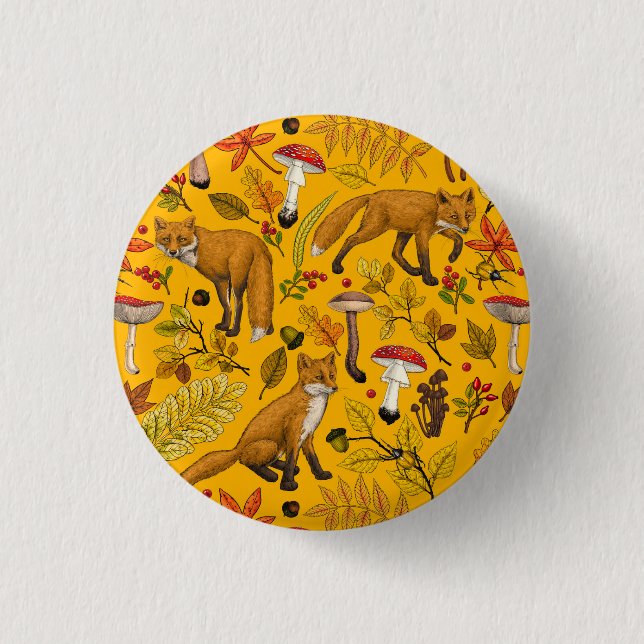 Autumn foxes on orange 3 cm round badge (Front)