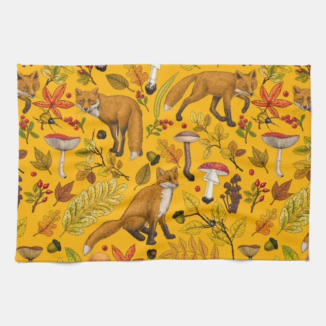 Autumn foxes on orange tea towel (Horizontal)
