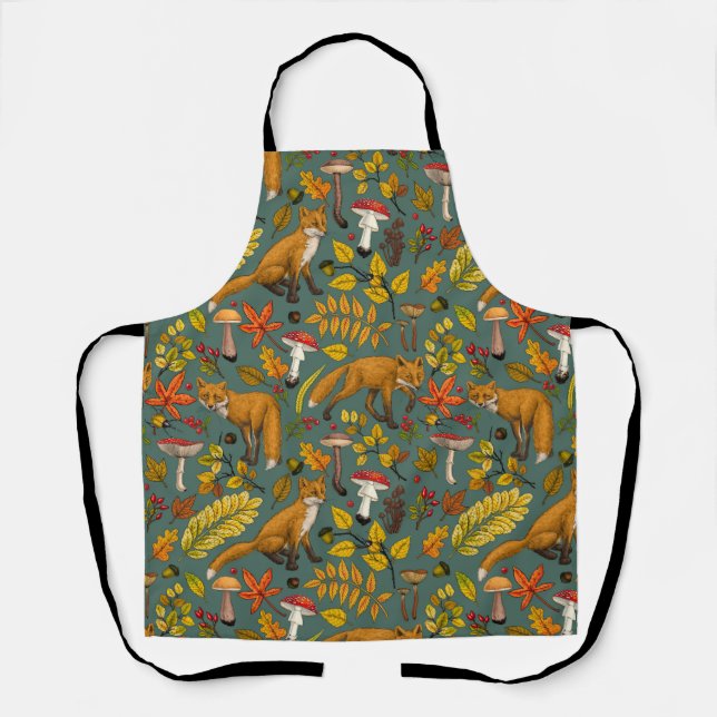 Autumn foxes on pine green apron (Front)