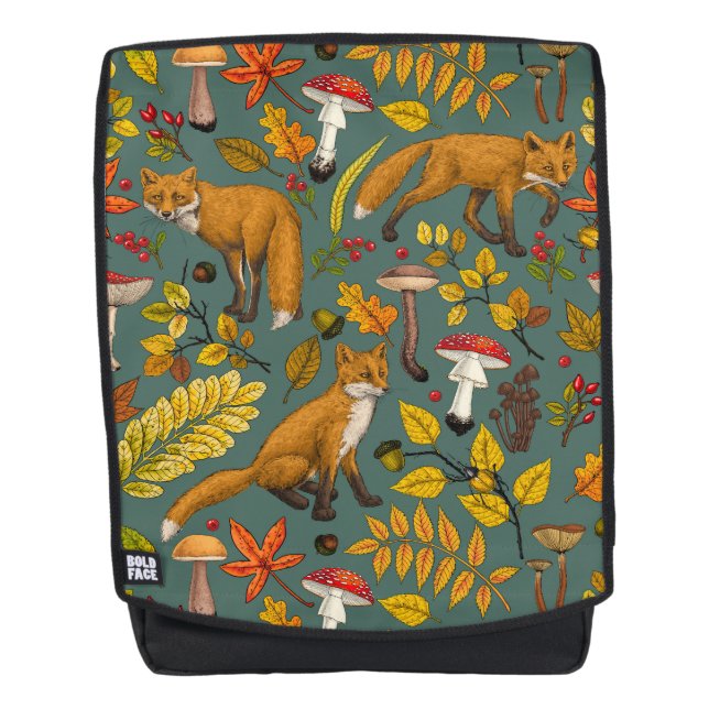 Autumn foxes on pine green backpack (Front)