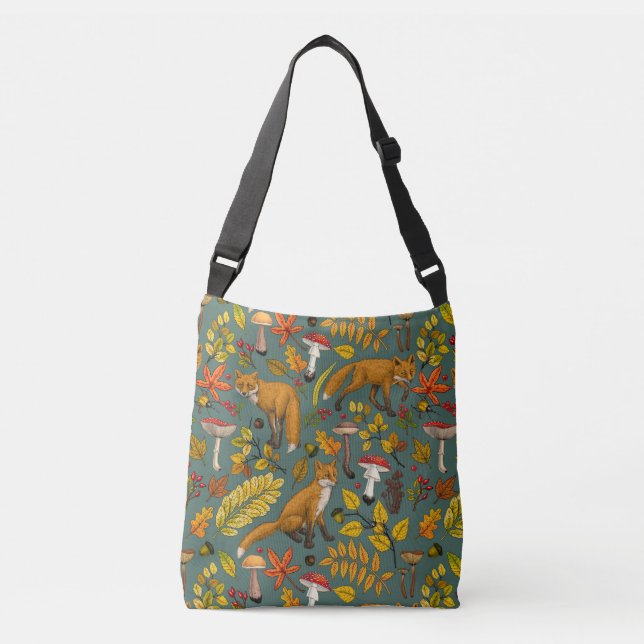 Autumn foxes on pine green crossbody bag (Front)