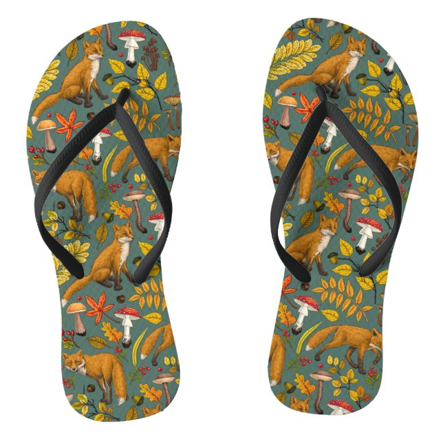 Autumn foxes on pine green flip flops (Footbed)