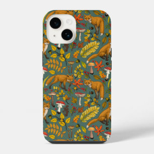 Autumn foxes on pine green iPhone 14 case