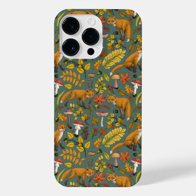 Autumn foxes on pine green iPhone case (Back)