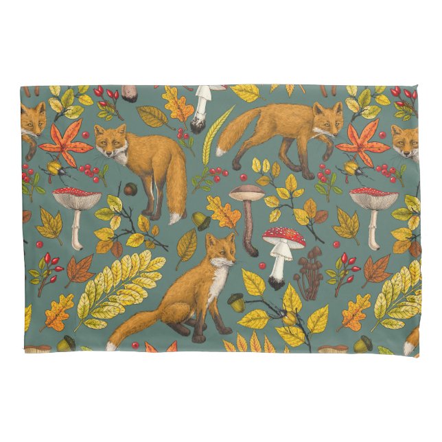 Autumn foxes on pine green pillowcase (Front-Left)