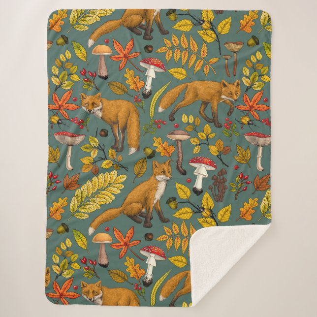 Autumn foxes on pine green sherpa blanket (Front)