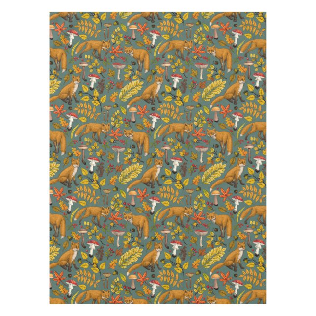 Autumn foxes on pine green tablecloth (Front)