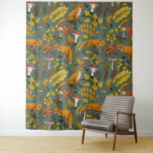 Autumn foxes on pine green tapestry