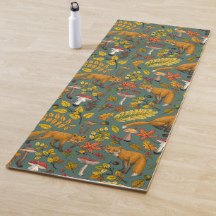 Autumn foxes on pine green yoga mat