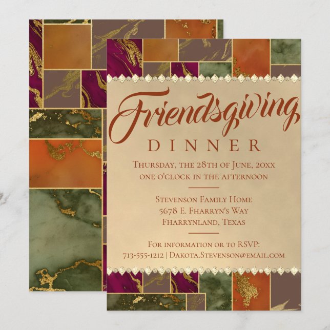 Autumn Friendsgiving | Geometric Gold Marble Party Invitation (Front/Back)
