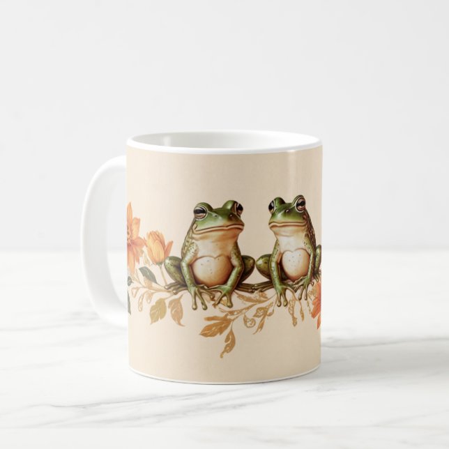 Autumn Frogs and Floral Elegance Coffee Mug (Front Left)