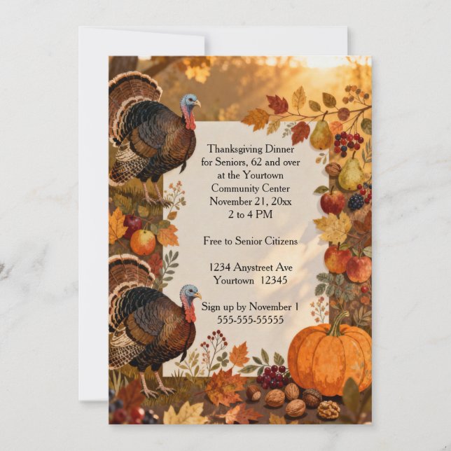 Autumn Fruits with Turkeys Thanksgiving Invitation (Front)