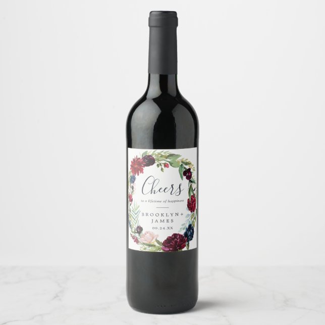 Autumn Garden Burgundy Cheers Wedding Wine Labels (Front)