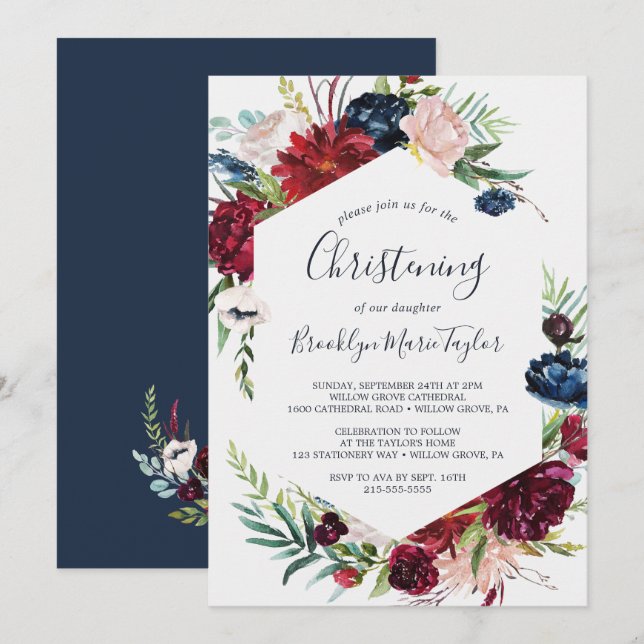 Autumn Garden | Burgundy Christening Invitation (Front/Back)