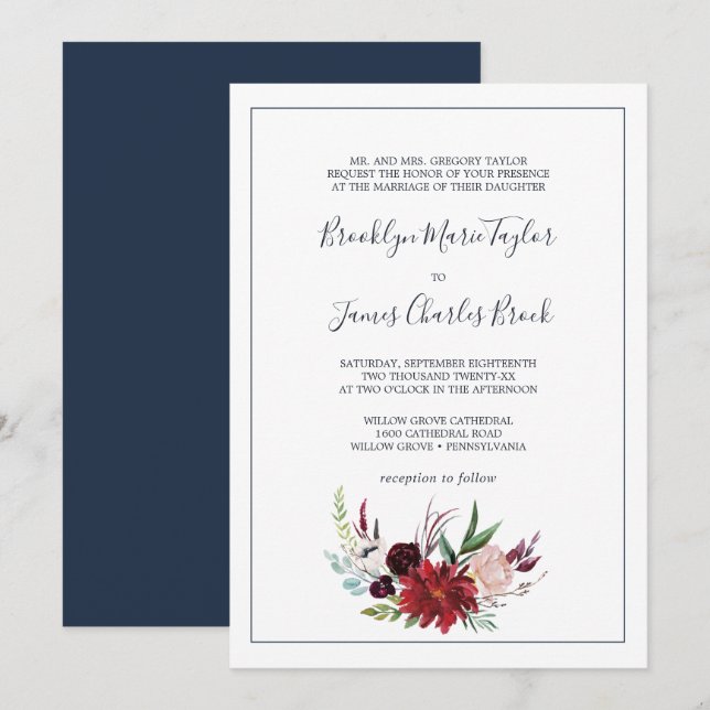 Autumn Garden | Burgundy Formal Wedding Invitation (Front/Back)