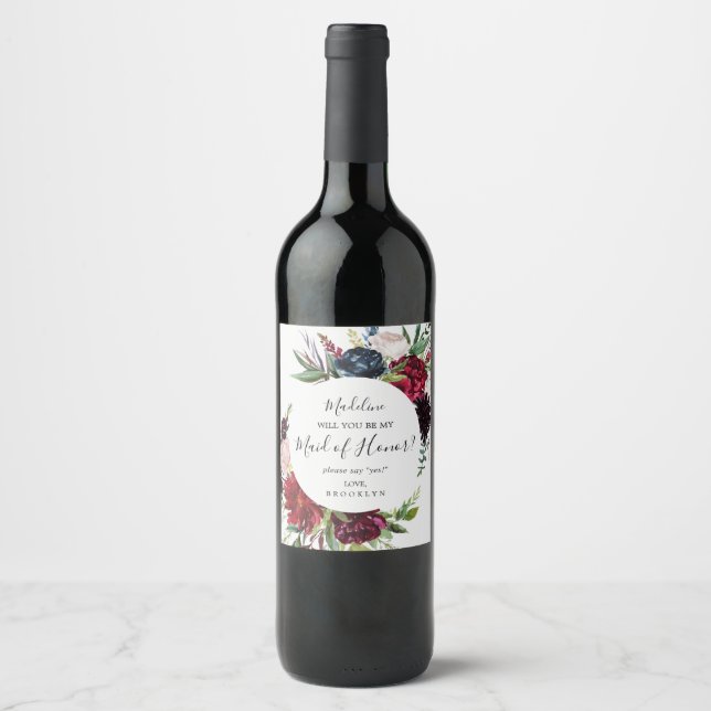 Autumn Garden | Burgundy Maid of Honour Proposal Wine Label (Front)