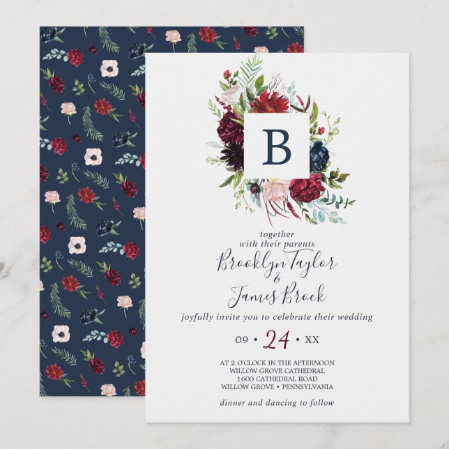 Autumn Garden | Burgundy Monogram Wedding Invitation (Front/Back)