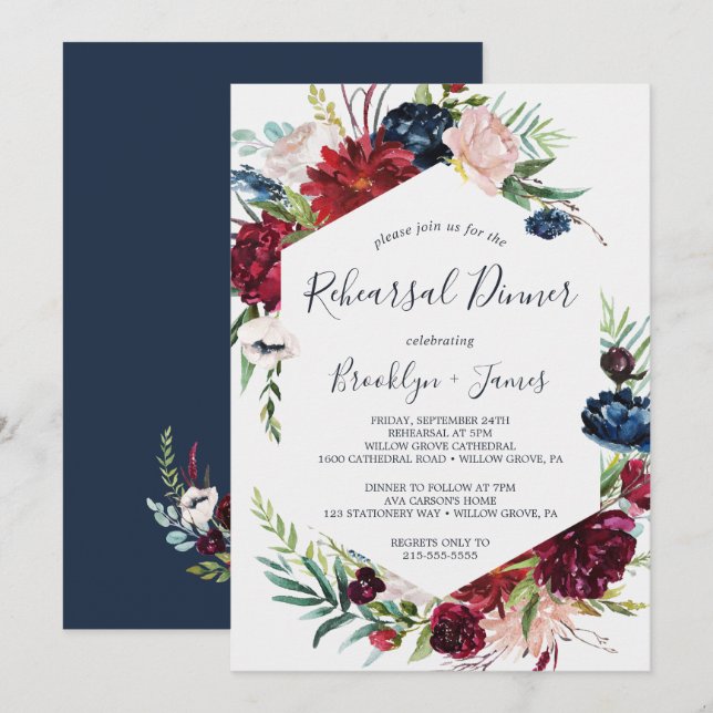 Autumn Garden | Burgundy Rehearsal Dinner Invitation (Front/Back)