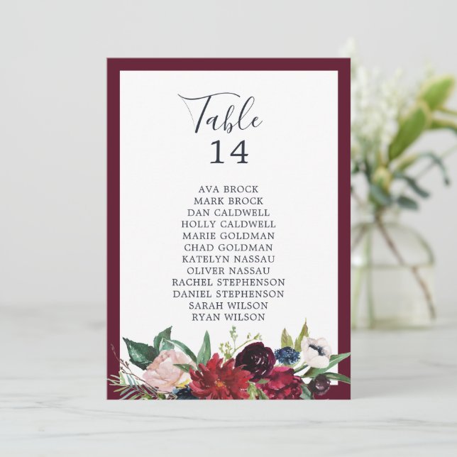 Autumn Garden Burgundy Table Number Seating Chart (Standing Front)