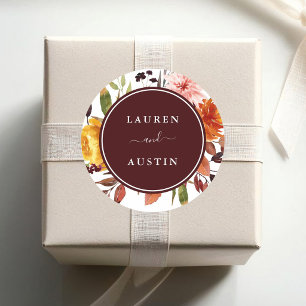 Autumn Garden Burgundy Watercolor Wedding Classic Round Sticker