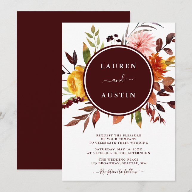Autumn Garden Burgundy Watercolor Wedding Invitation (Front/Back)