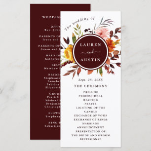 Autumn Garden Burgundy Watercolor Wedding Program Programme