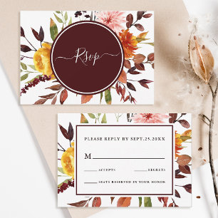 Autumn Garden Burgundy Watercolor Wedding RSVP Card