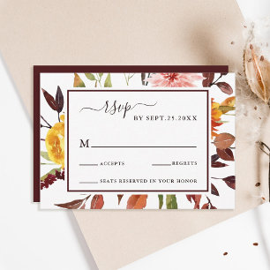 Autumn Garden Burgundy Watercolor Wedding RSVP Card