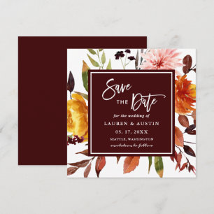Autumn Garden Burgundy Watercolor Wedding Square Save The Date