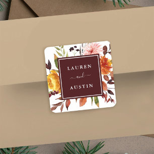 Autumn Garden Burgundy Watercolor Wedding Square Sticker