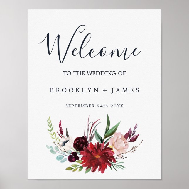 Autumn Garden | Burgundy Welcome Wedding Poster (Front)