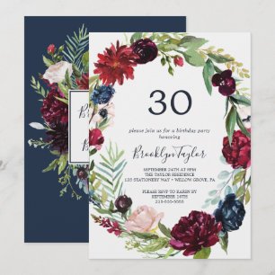 Autumn Garden   Burgundy Wreath 30th Birthday Invitation