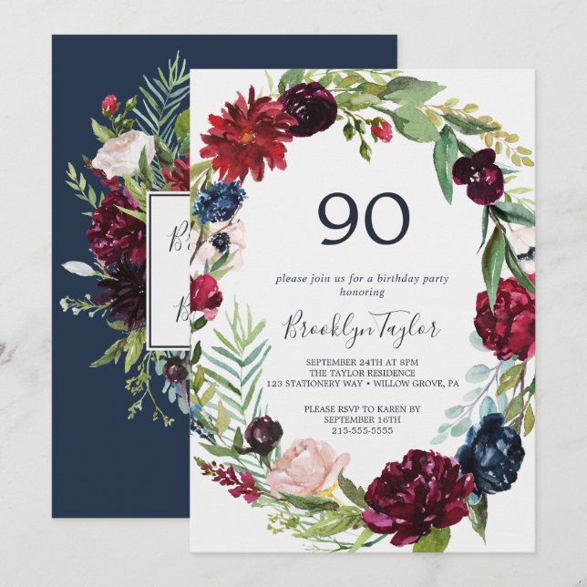Autumn Garden | Burgundy Wreath 90th Birthday Invitation (Front/Back)