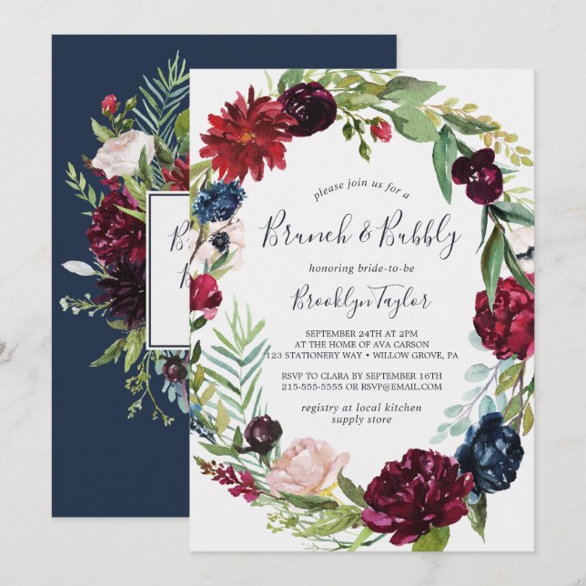 Autumn Garden | Burgundy Wreath Brunch and Bubbly Invitation (Front/Back)