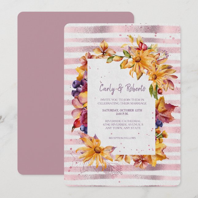 Autumn Garden Frame Pink Stripe Wedding Invitation (Front/Back)