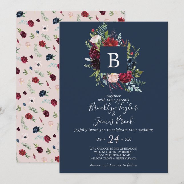 Autumn Garden | Navy Blue Monogram Wedding Invitation (Front/Back)