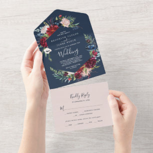 Autumn Garden Navy Blue Wedding All In One Invitation