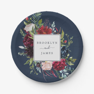 Autumn Garden Navy Blue Wedding Paper Plate
