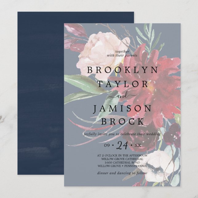 Autumn Garden | Navy Faded Floral Wedding Invitation (Front/Back)