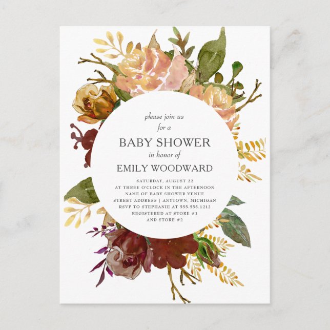 Autumn Garden Rustic Floral Circle Baby Shower Invitation Postcard (Front)