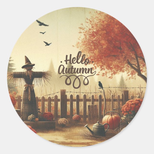 Autumn garden & scarecrow  classic round sticker (Front)