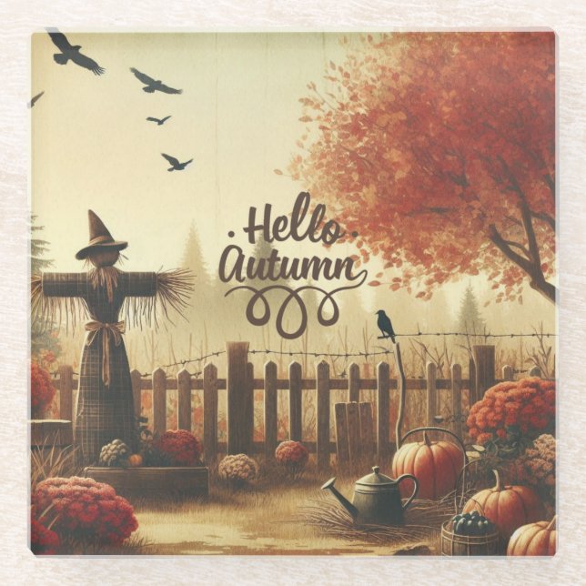 Autumn garden & scarecrow  glass coaster (Front)