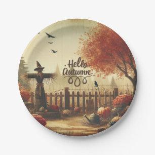 Autumn garden & scarecrow paper plate